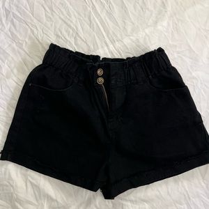 Black denim paper bag shorts